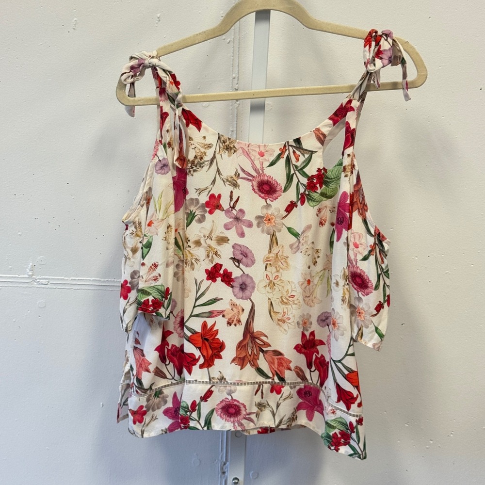 Willow & Clay Floral Cold Shoulder Tie Strap Top Ivory Pink WW6465CAT Boho Med